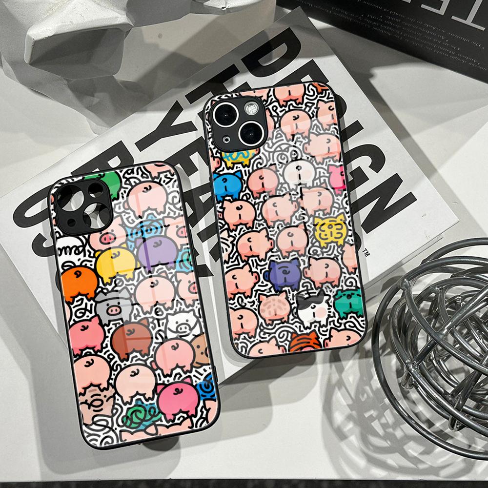 Cute Pig Doodle Phone Case Tem - Pc Case Tempered Glass ulasan dan harga